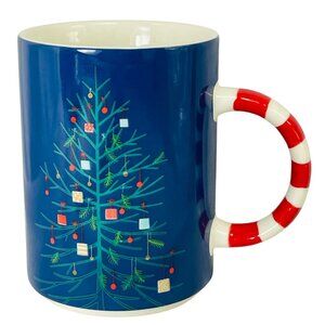 Starbucks Christmas Tree Ceramic Mug 12 Oz Blue Tree With Candy Cane Handle